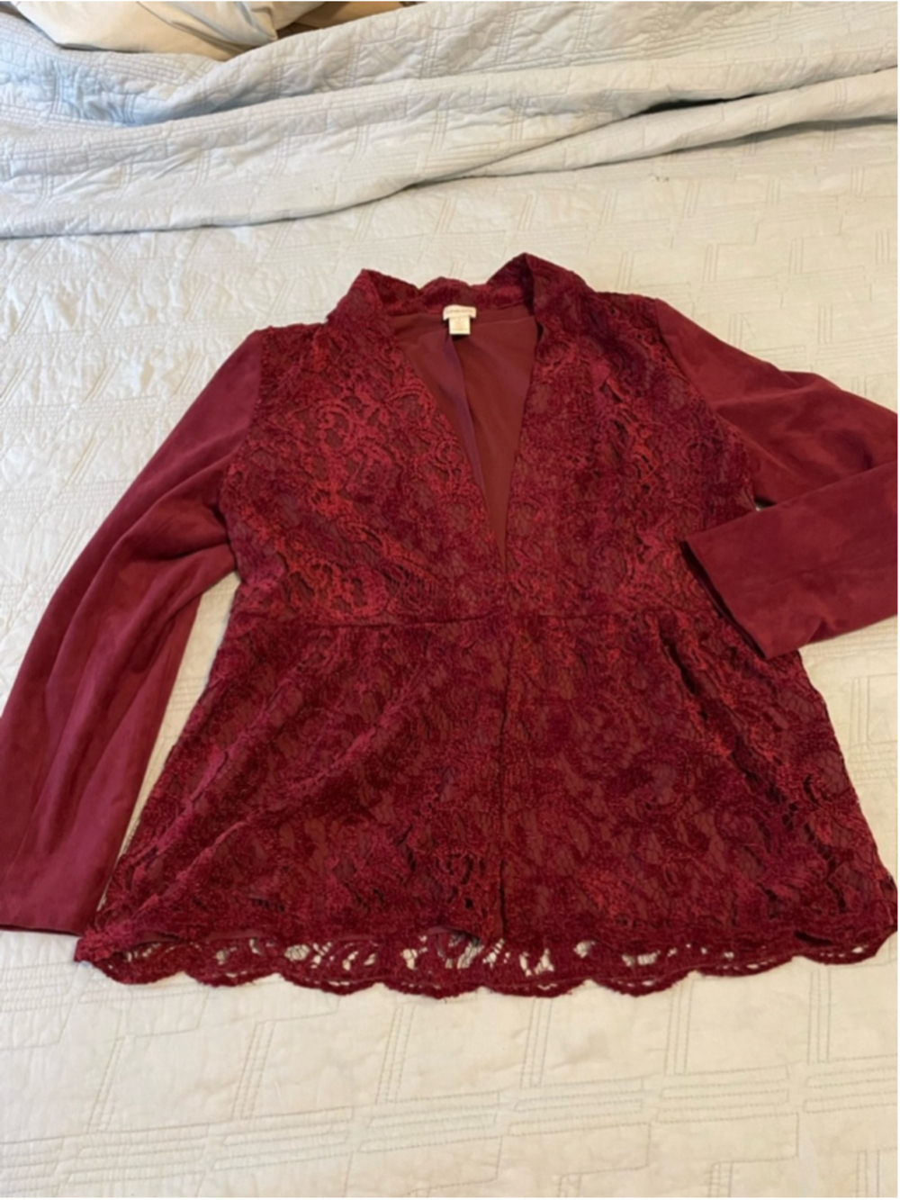 Chico's Burgundy Lace Overlay Open Cardigan